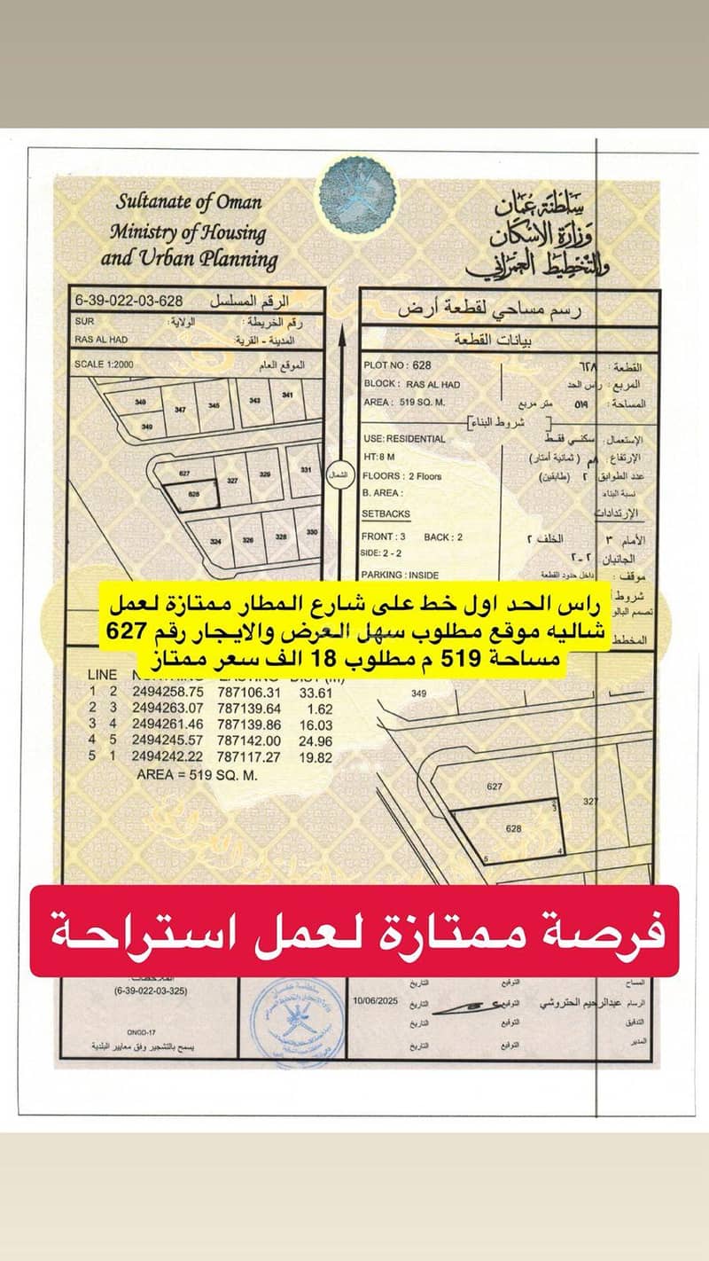 أرض سكنية للبيع في صور، الشرقية